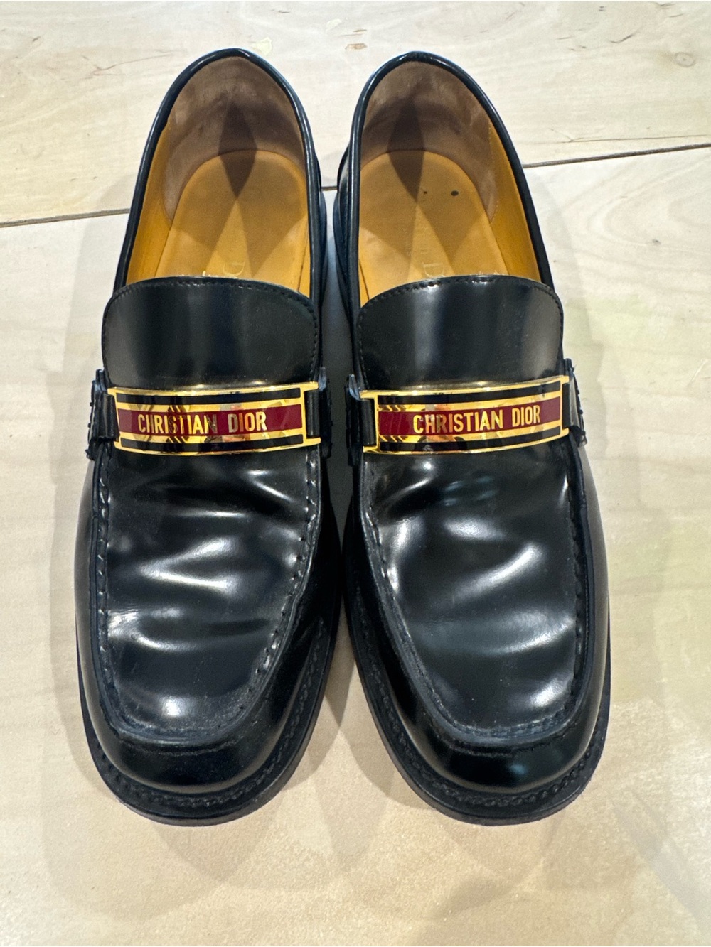 Dior Black Leather Loafers with Gold Tone & Red Christian Dior Plaque